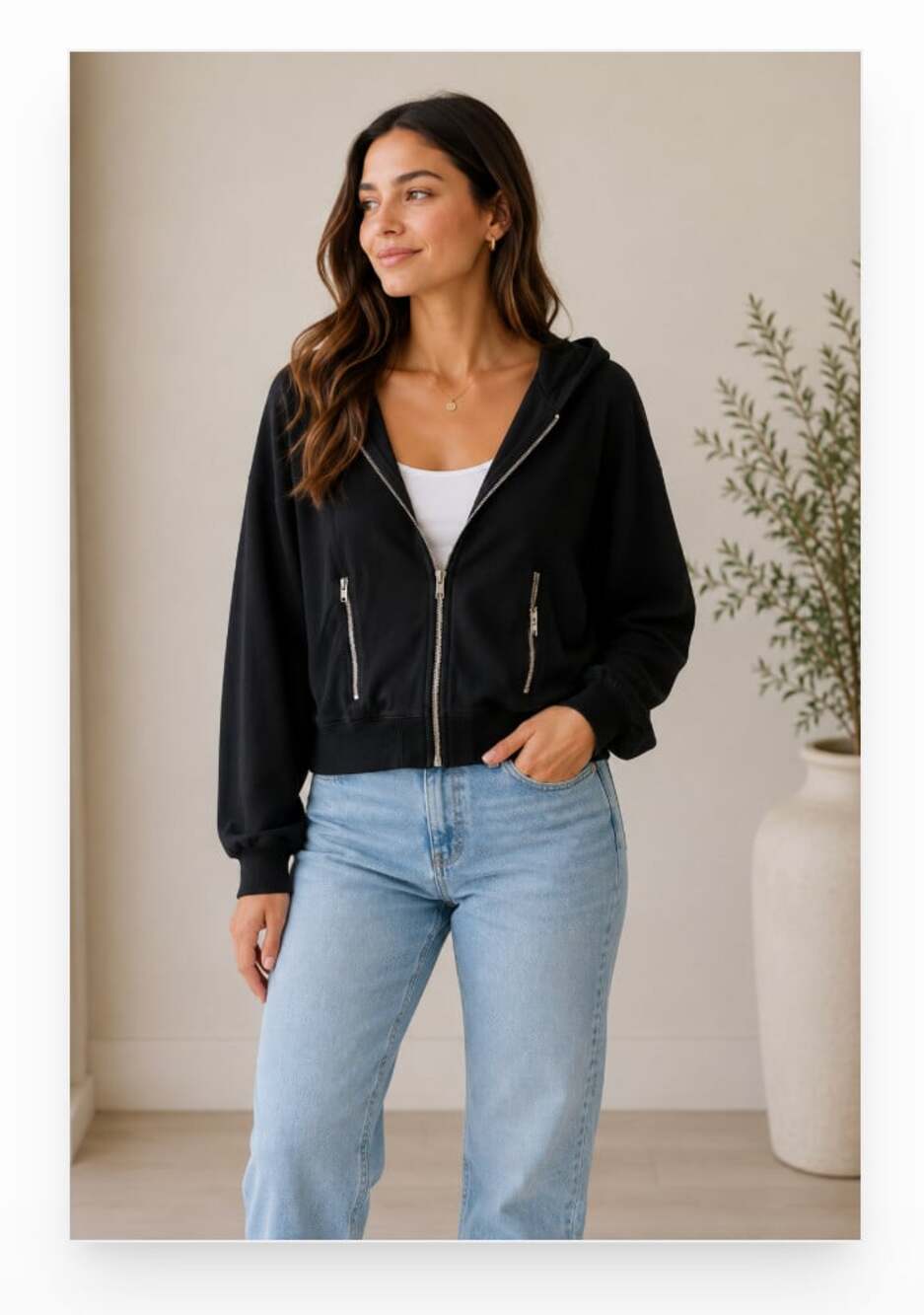 AIKO Jacket Womens XS Black Hooded Cropped Dolman Sleeve Zip Pocket Sweatshirt